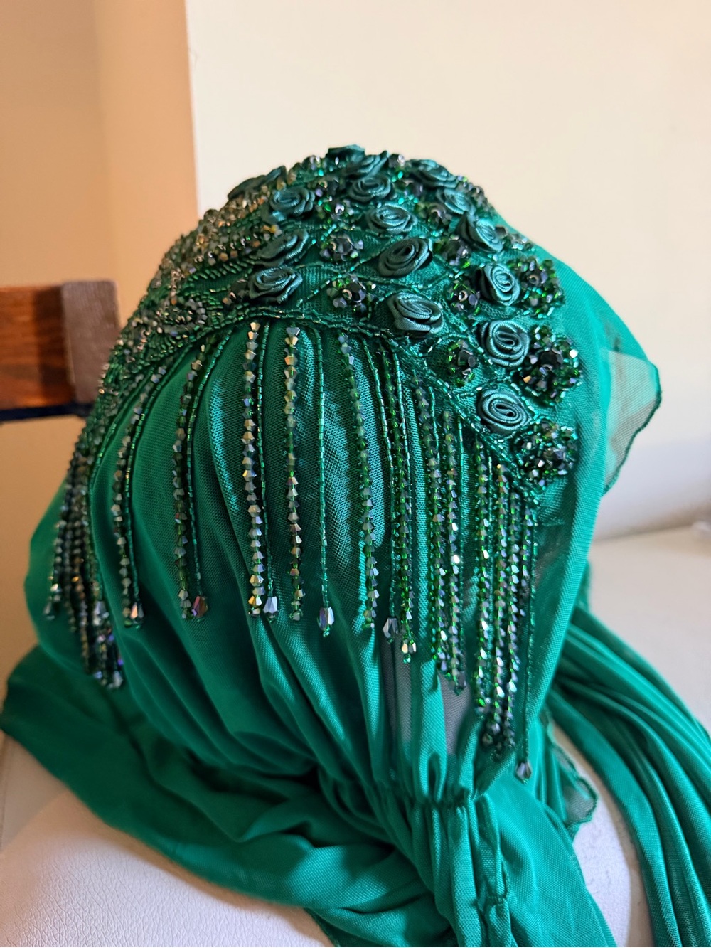 Embellished Emerald Green Beaded Headscarf
